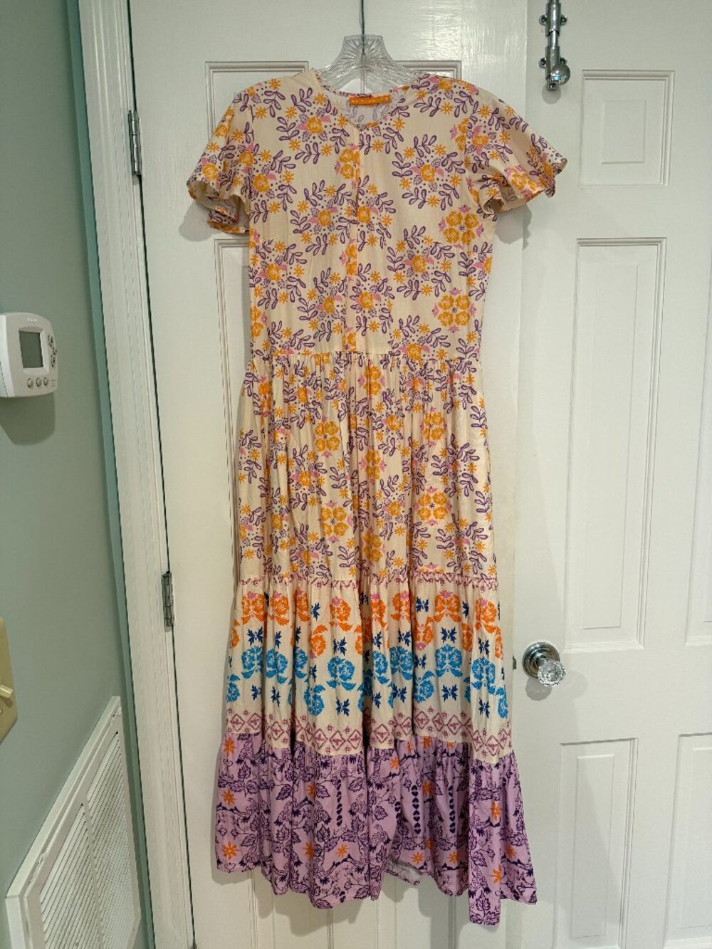 Oliphant Orange Printed V-Neck Maxi Dress with Pockets – S
